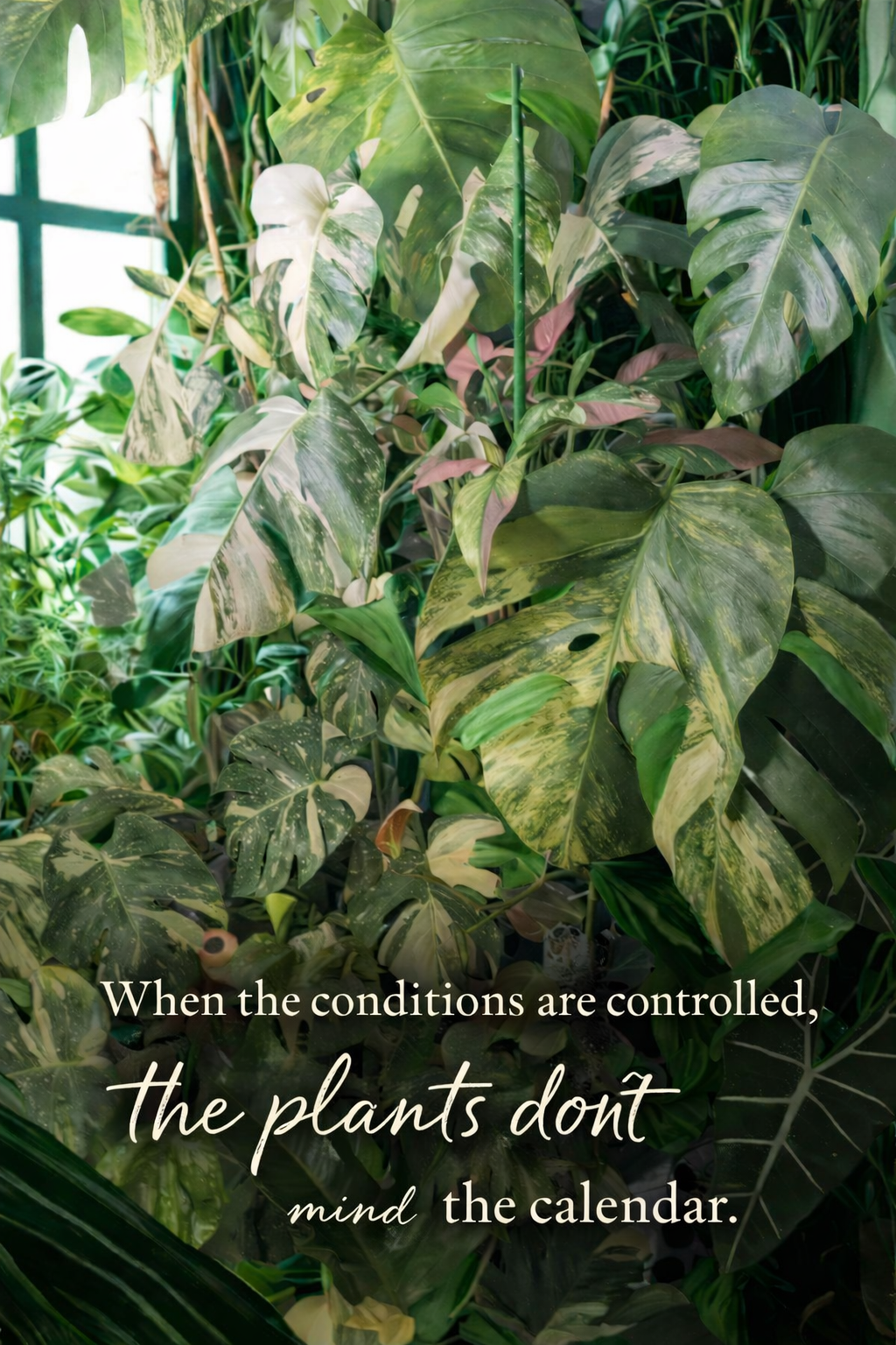 When the conditions are controlled, the plants don't mind the calendar — lush indoor plant collection in stable environment