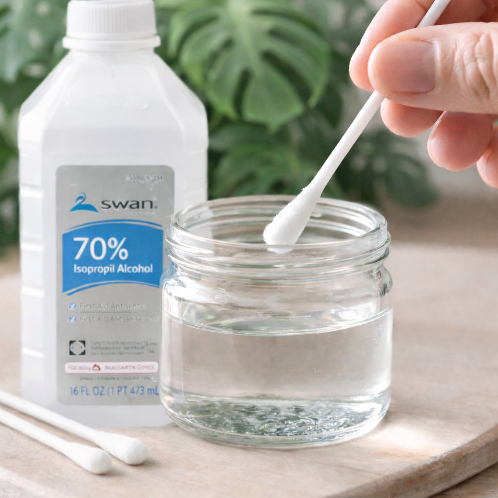 Cotton swab dipped in isopropyl alcohol for spot-treating pests like mealybugs