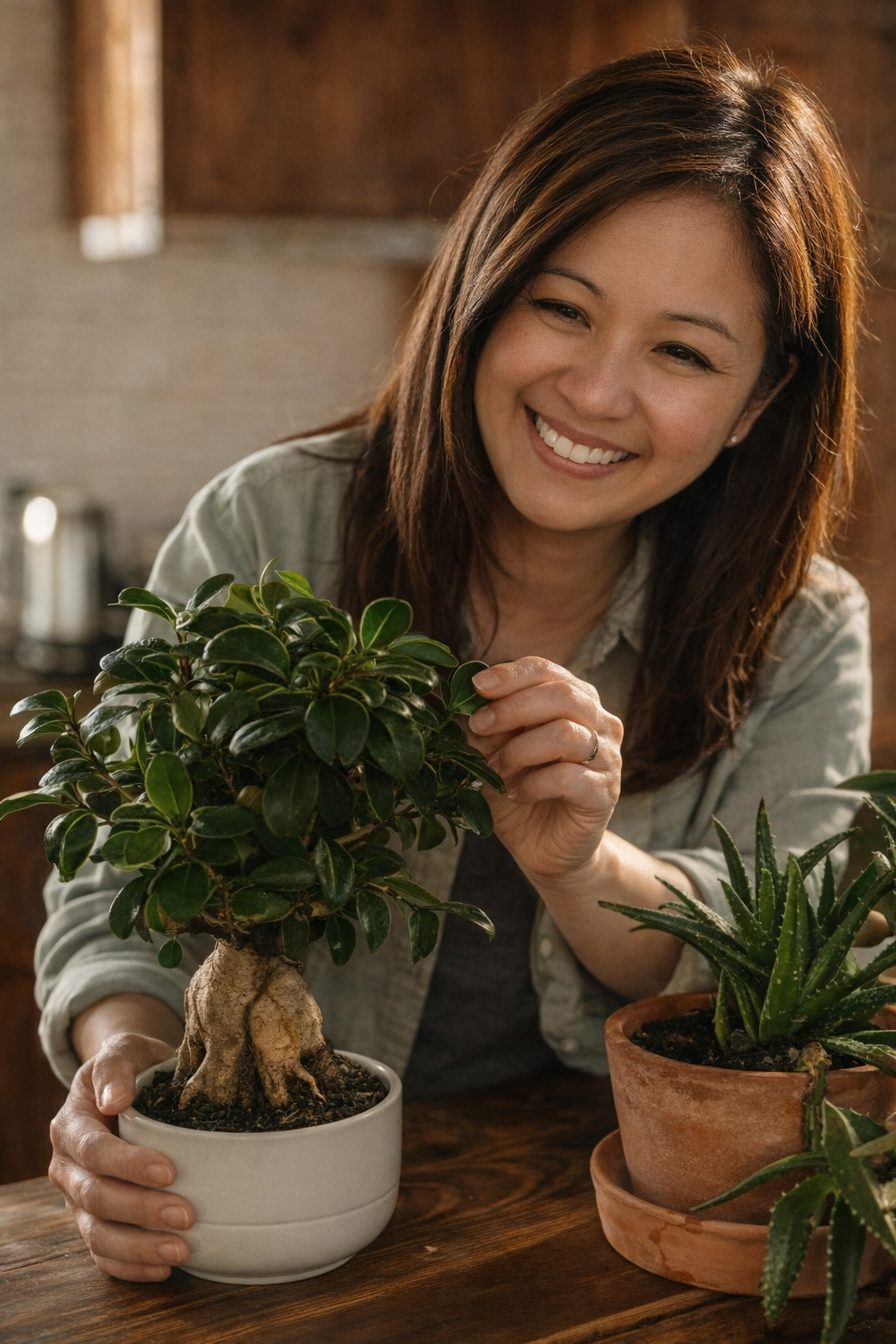 Routine plant inspection — checking leaves for early signs of pests